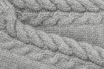 Grey Knitwear Fabric Texture with Pigtails closeup