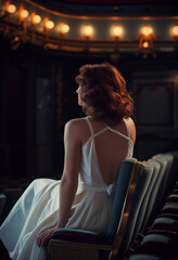 Obraz na płótnie Canvas a woman in a white dress sits on the back of a theater seat,