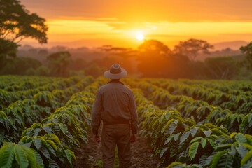 Fototapeta premium A Gentleman Wearing a Hat Taking a Walk Through a Coffee Field During Sunrise