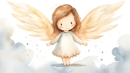 watercolor painting design of a child like angel with wings