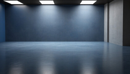 an empty studio background in deep blue hues, featuring a concrete floor with a perspective effect and a gentle blue soft light