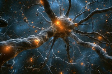 Neurons of the brain and processes actively occurring in them, highlighted in orange neon light