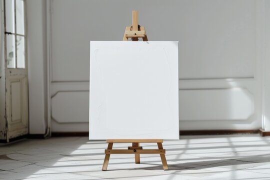 Blank canvas mockup on wooden easel in white wall room, closeup