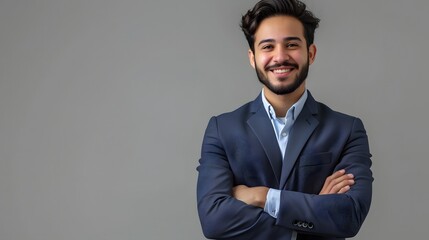 A confident entrepreneur arab business man with arms crossed stands in front of a grey background with copy space