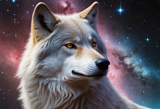 Beautiful wolf with nebula background. Wild animal with stars and galaxy. Generative AI - Powered by Adobe
