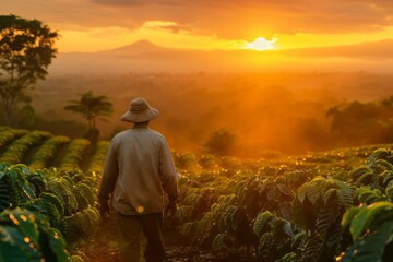 A Gentleman Wearing a Hat Taking a Walk Through a Coffee Field During Sunrise