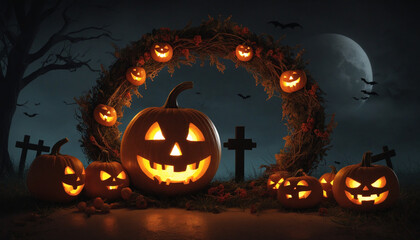 Happy Halloween. Halloween pumpkins. Wreath of halloween. Scary pumpkin for Halloween decoration