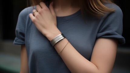Permanent jewelry wristband with a minimalist metal design on a woman wrist - obrazy, fototapety, plakaty