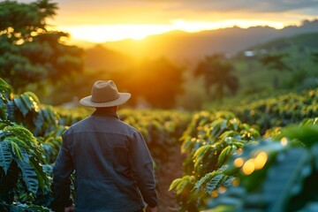 Fototapeta premium A Gentleman Wearing a Hat Taking a Walk Through a Coffee Field During Sunrise