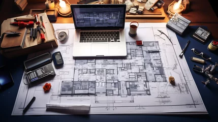 Fotobehang Architecture concept with building plan and laptop Generated by AI © MARUF