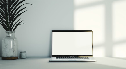 laptop in front of a white wall, in the style of video loopbacks