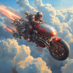 Red Futuristic Motorcycle and Rider Soaring Above Clouds created with Generative AI technology