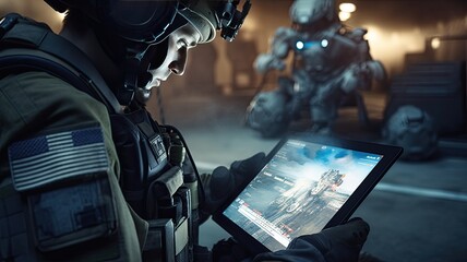 a tablet computer displaying AI control interfaces, augmented reality overlays, and online coordination tools, showcasing the integration of artificial intelligence in directing military forces.