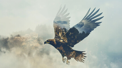 Fototapeta premium Eagle: Majestic King of the Skies, Guardian of a Verdant Forest within Its Mighty Wingspan