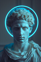 Obraz premium Neon Halo on Classical Sculpture Portrait created with Generative AI technology