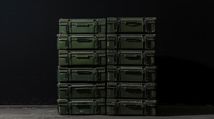 an army ammunition stack composed of green crates, meticulously arranged and isolated against a clean white background, portraying the precision and readiness of military logistics.