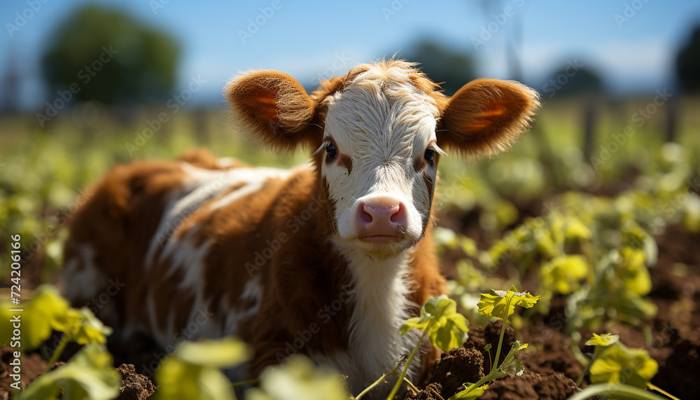 Poster Cute cow grazing on green meadow, looking at camera generated by AI