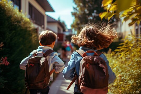 un bambino e una bambina con i loro zaini in spalla escono da scuola