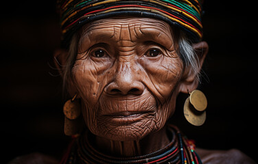 Close up portrait of beautifull aged old woman with sun and wind traces on a skin, deep wrinckles and sad eyes. Kayan group people mostly living in Myanmar in Southeast Asia.