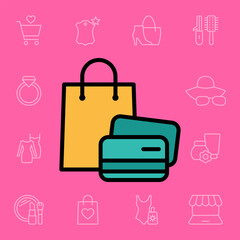 Simple linear icon set of women clothes and accessories. Vector illustration