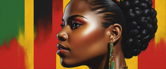 Black History Month background. African-american woman face in profile over red yellow green black colors background. Juneteenth freedom day. Racial equality, freedom, human rights day