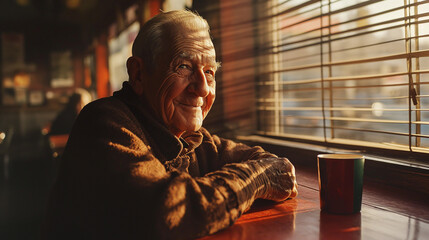 Obraz premium Sunlit Serenity, Elderly Person Absorbing Rays in a Bar Setting