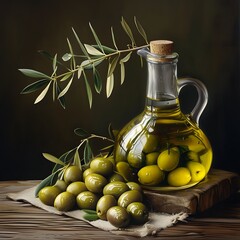 A bottle of olive oil and olives on a board in a kitchen