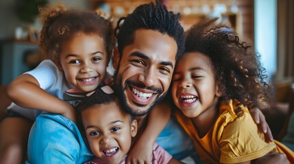 Black father hanging out with his two daughters and son - obrazy, fototapety, plakaty