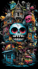 Abstract Illustration of a Haunted House Composed of Skulls