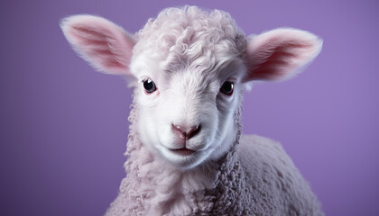 Cute lamb with fluffy wool looking at camera in pasture generated by AI