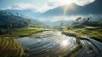 Beautiful early foggy morning mountain valley landscape with Thai village surrounded by rice fields...