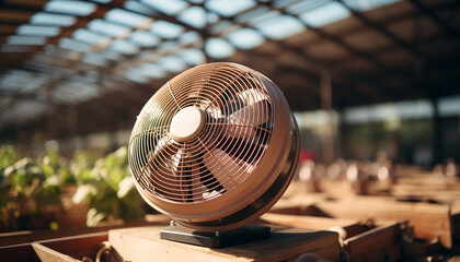 Electric fan propeller spinning, cooling indoors in summer heat generated by AI