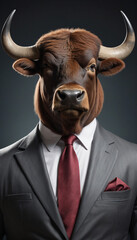 Bull dressed in an elegant suit with a nice tie. Fashion portrait of an anthropomorphic animal, bison, buffalo, shooted in a charismatic human attitude - Generative AI