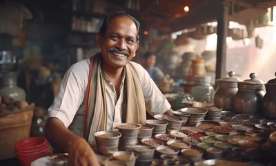 Foto op Canvas Portrait of aged calm smiling face of old Hindu Man selling a various spices in shop on the indian street market. Agriculture industry, food industry, working people and traveling concept image. © Soloviova Liudmyla