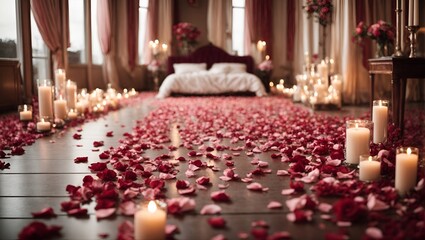 Capture the essence of romance with this enchanting scene: rose petals strewn around a bed, flickering candles, and an atmosphere brimming with love.