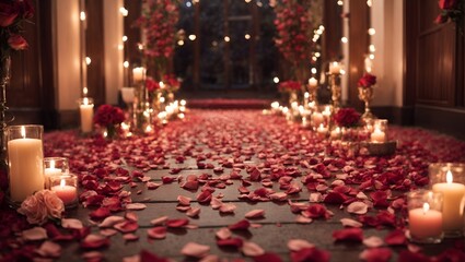 
Indulge in the romance of a candlelit setting adorned with rose petals, creating an enchanting ambiance perfect for love and affection.