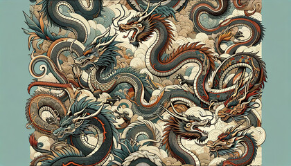 An intricate and captivating pattern composed of various dragons, intricately designed with different shapes, sizes, and colors