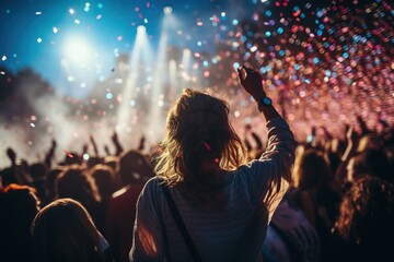 Back view of a young woman having fun at a concert under bright lights among dancing people - obrazy, fototapety, plakaty