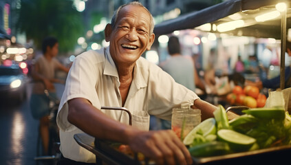 Beautiful aged Thailand old man sincerely smiling at camera on street food market. She offers fruits and vegetables to locals and tourists from biking cart. Local small business and traveling concept. - obrazy, fototapety, plakaty