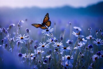 A macro shot capturing the essence of wild chamomiles, purple wild peas, and a butterfly in the soft haze of morning. The landscape format highlights the cool blue tones