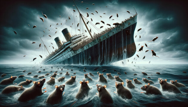 Rats fleeing a sinking ship. It features a dramatic scene with a large ship tilting and sinking into the ocean, while numerous rats scurry away, leaping into the water