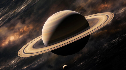 Illustration of Saturn, Detailed Depiction of the Ringed Planet in Outer Space