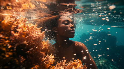 Close-Up Underwater Photo of a Beautiful Afro Woman Next to the Coral Reef