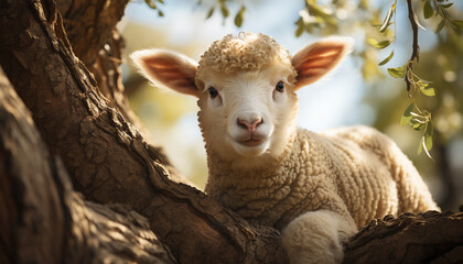 Naklejka na ściany i meble Cute lamb grazing in green meadow, innocence in nature generated by AI