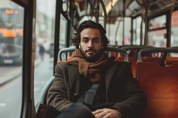 portrait of a stylish man sitting in an empty bus - obrazy, fototapety, plakaty
