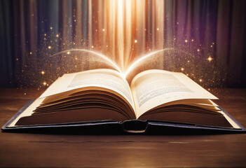 Open magical book with glowing lights over pages on abstract background. Fantasy reading. Created...