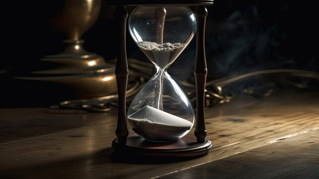 Closeup of an hourglass with sand pouring down on a dark gloomy background