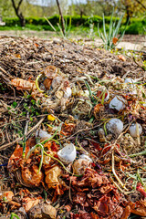 Plastic waste in the garden. Garbage in the garden.