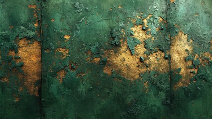 Generative AI, Green and golden colors rough wall, impasto grunge vintage painting background. Old oil textured painted canvas