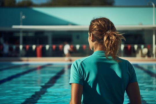 Allenatrice di nuoto vista di spalle mentre &egrave; a bordo piscina che osserva la vasca